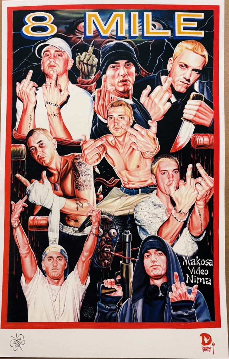 Collage of a famous movie poster featuring multiple individuals with text '8 Mile' at the top.