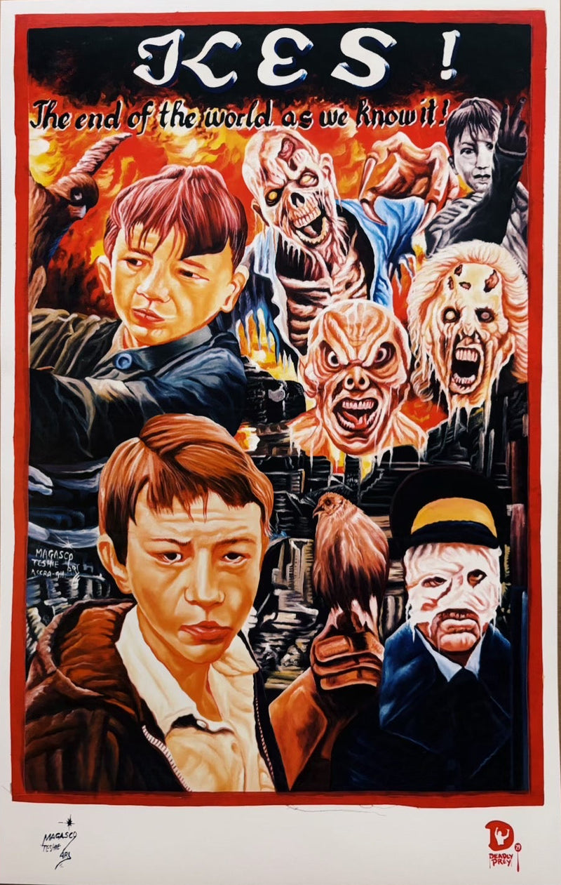 Artistic poster with characters and text 'KES! The end of the world as we know it!' on a brown background