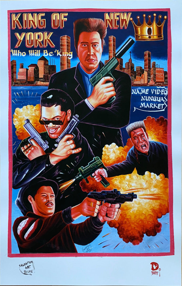 Colorful poster with characters holding guns and a cityscape in the background