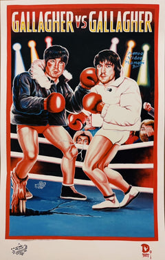 Illustration of two boxers facing each other in a boxing ring with 'Gallagher vs Gallagher' text above.