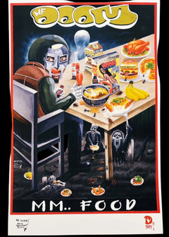 Painting of MF doom standining table filled with food