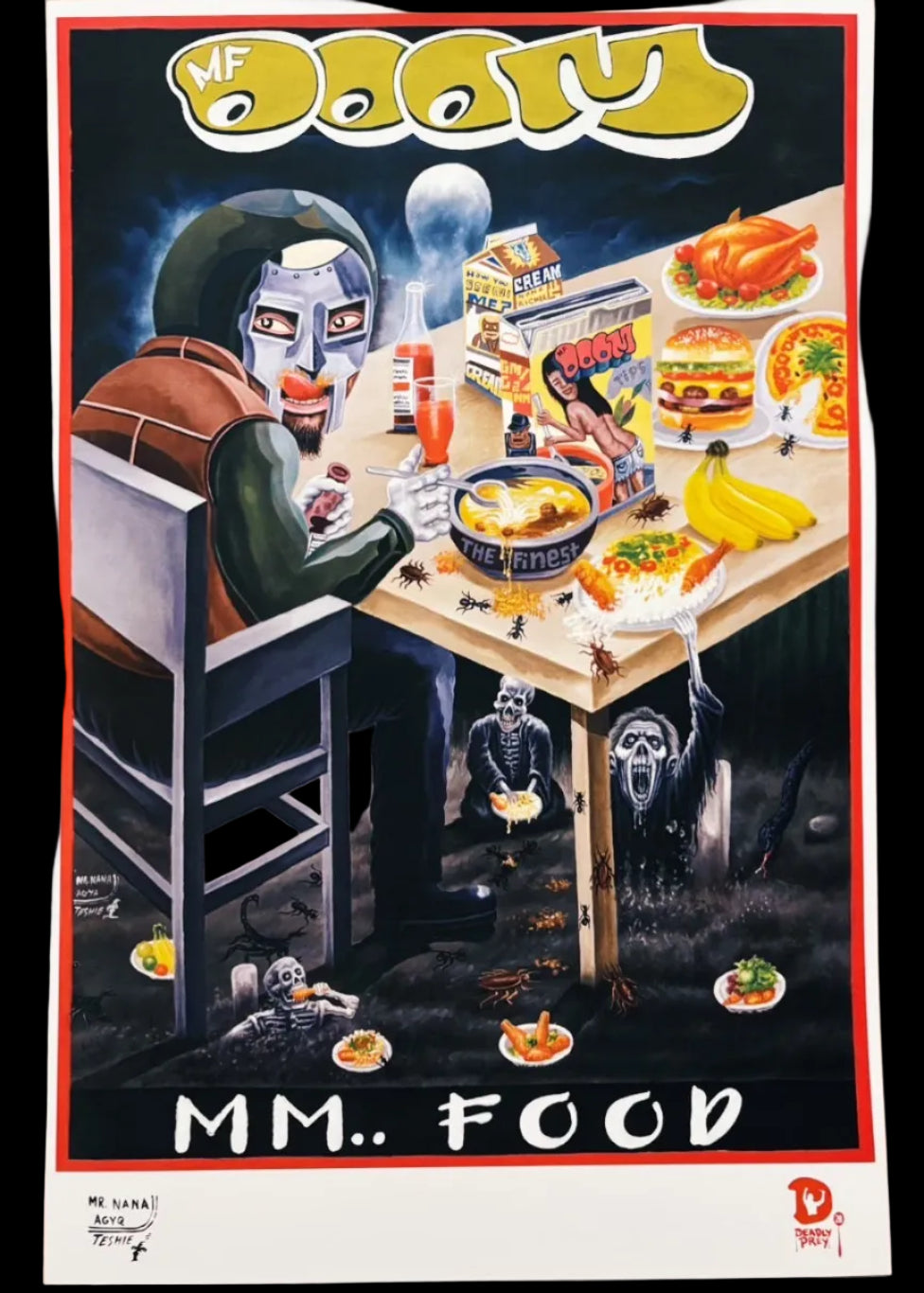 Painting of MF doom standining table filled with food
