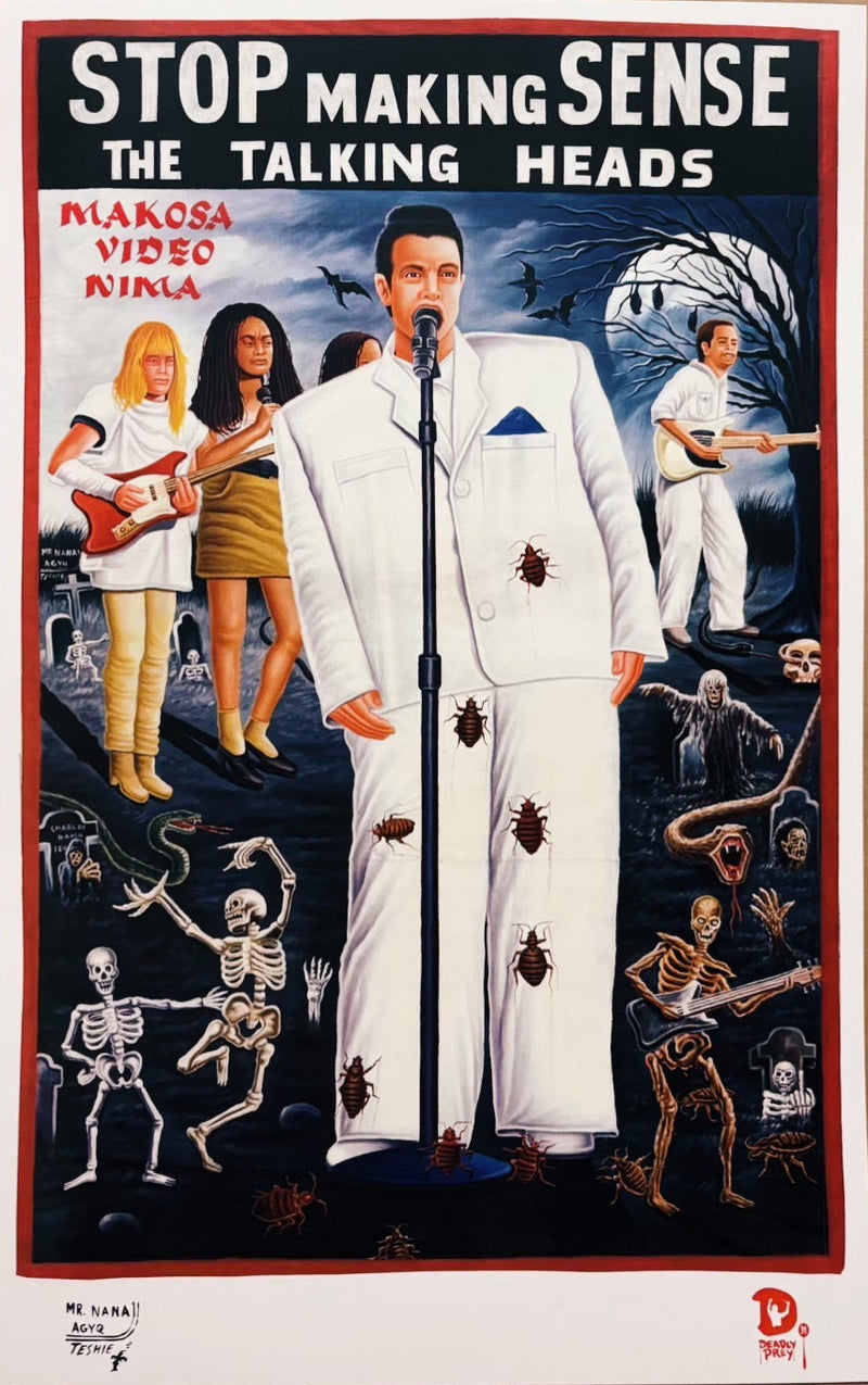Poster for 'Stop Making Sense' by Talking Heads with a central figure in a white suit and text at the top.