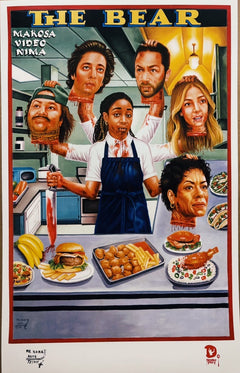 Poster of a restaurant scene with people and food, featuring the title 'The Bear' at the top.