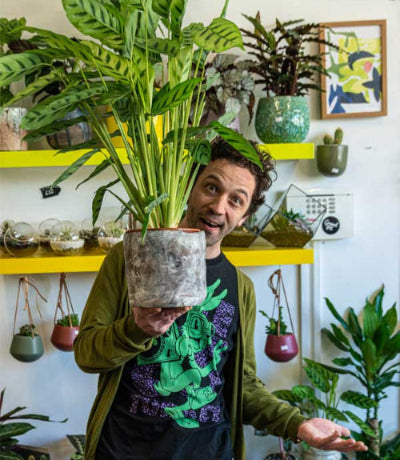 Man holding a potted plant in a room filled with various plants and decor.